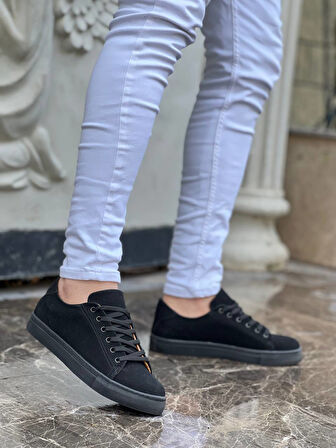J122 Bağcıklı Ortopedik Taban Günlük Süet Erkek Spor Sneaker Ayakkabı ST Siyah