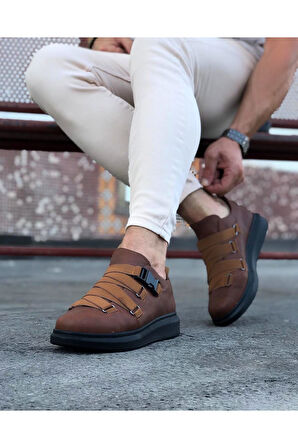 J033 Bağcıksız 4 Bant Lastikli Tokalı Ortopedik Taban Erkek Sneaker Günlük Ayakkabı ST Taba