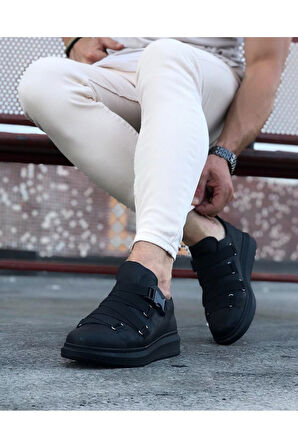 J033 Bağcıksız 4 Bant Lastikli Tokalı Ortopedik Taban Erkek Sneaker Günlük Ayakkabı ST Siyah