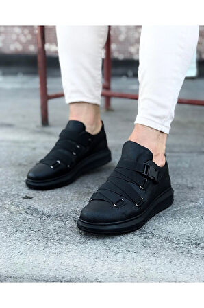 J033 Bağcıksız 4 Bant Lastikli Tokalı Ortopedik Taban Erkek Sneaker Günlük Ayakkabı ST Siyah