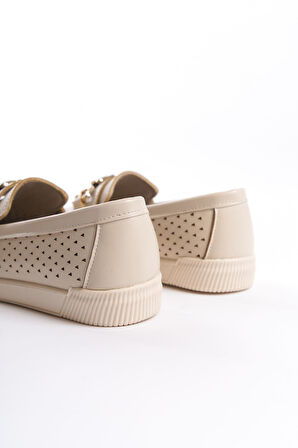 HAZEL Bağcıksız Ortopedik Rahat Taban Kalp Desenli Kadın Babet Ayakkabı KT Krem