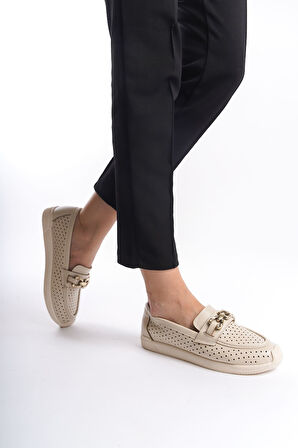 HAZEL Bağcıksız Ortopedik Rahat Taban Kalp Desenli Kadın Babet Ayakkabı KT Krem