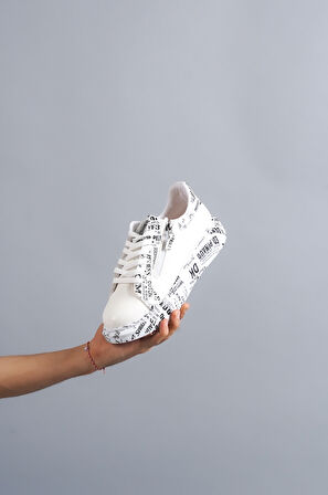 J02 Bağcıklı Timsah Desenli Gazete Baskılı Ortopedik Taban Erkek Spor Sneaker Ayakkabı BT Beyaz