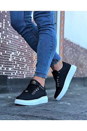 J047 Bağcıklı Ortopedik Taban Erkek Sneaker Günlük Ayakkabı BT Siyah
