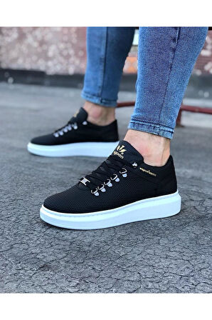 J047 Bağcıklı Ortopedik Taban Erkek Sneaker Günlük Ayakkabı BT Siyah