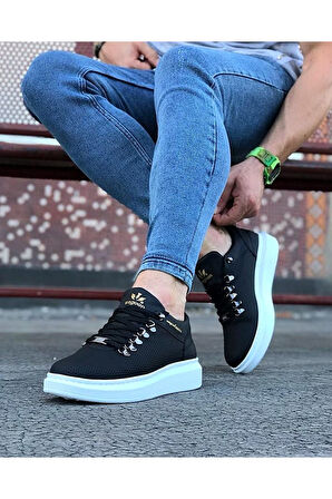 J047 Bağcıklı Ortopedik Taban Erkek Sneaker Günlük Ayakkabı BT Siyah