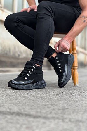 J035 Bağcıklı Ortopedik Taban Suya ve Soğuğa Dayanıklı Günlük Kışlık Süet Rugan Erkek Bot ST Siyah