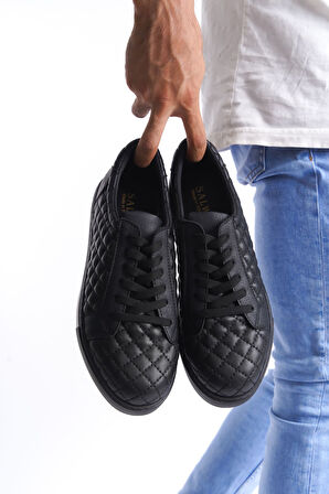 J166 Prestige Bağcıklı Cilt Kapitone Desenli Erkek Günlük Sneaker Ayakkabı ST Siyah