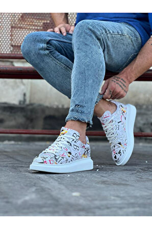 J501 Bağcıklı Dergi Baskılı Ortopedik Taban Erkek Sneaker Günlük Ayakkabı RT Çok Renkli