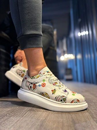 J046 Bağcıklı Ortopedik Taban Renkli Kurukafa Baskılı Erkek Günlük Sneaker Spor Ayakkabı BT Beyaz