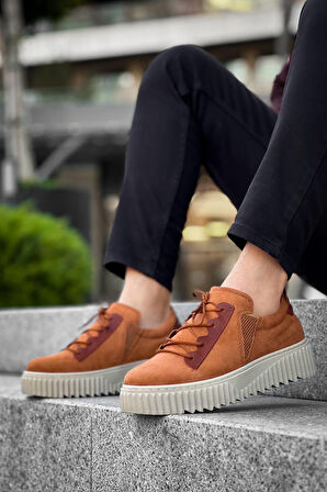 J-X502 Bağcıklı Ortopedik Taban Günlük Süet Erkek Spor Sneaker Ayakkabı BT Taba