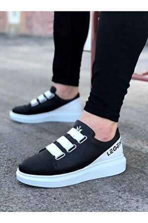 J029 Bağcıksız 3 Bant Lastikli Legend Ortopedik Taban Erkek Sneaker Günlük Ayakkabı BT Siyah/Beyaz