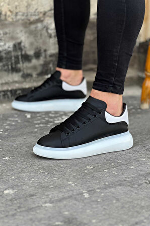 J095 Bağcıklı Ortopedik Taban Erkek Sneaker Günlük Ayakkabı BT Siyah/Beyaz