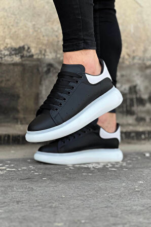 J095 Bağcıklı Ortopedik Taban Erkek Sneaker Günlük Ayakkabı BT Siyah/Beyaz