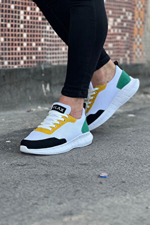 J063 Bağcıklı Ortopedik Taban Triko Erkek Sneaker Günlük Spor Ayakkabı BT Beyaz/Sarı