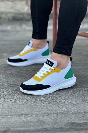 J063 Bağcıklı Ortopedik Taban Triko Erkek Sneaker Günlük Spor Ayakkabı BT Beyaz/Sarı