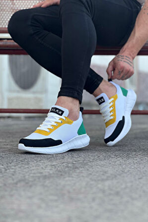 J063 Bağcıklı Ortopedik Taban Triko Erkek Sneaker Günlük Spor Ayakkabı BT Beyaz/Sarı