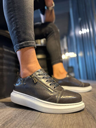 J555 Bağcıklı Fermuarlı Ortopedik Taban Erkek Günlük Sneaker Spor Ayakkabı BT Parlak Gri
