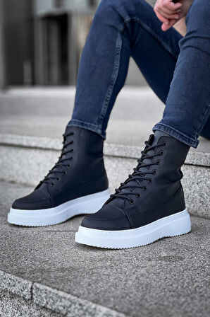 J0991 Bağcıklı Ortopedik Taban Suya ve Soğuğa Dayanıklı Günlük Kışlık Cilt Erkek Bot BT Siyah