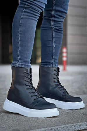 J0991 Bağcıklı Ortopedik Taban Suya ve Soğuğa Dayanıklı Günlük Kışlık Cilt Erkek Bot BT Siyah