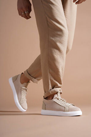 J112 Bağcıklı Ortopedik Taban Triko Erkek Spor Sneaker Ayakkabı BT Bej