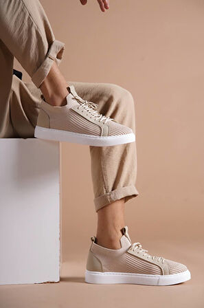 J112 Bağcıklı Ortopedik Taban Triko Erkek Spor Sneaker Ayakkabı BT Bej