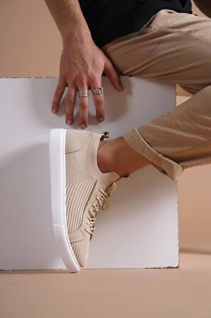 J112 Bağcıklı Ortopedik Taban Triko Erkek Spor Sneaker Ayakkabı BT Bej