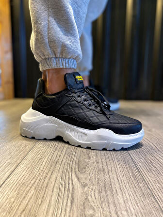 J-N75 Bağcıklı Ortopedik Taban Erkek Kapitone Desenli Günlük Sneaker Spor Ayakkabı BT Siyah