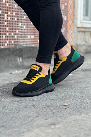 J063 Bağcıklı Ortopedik Taban Triko Erkek Sneaker Günlük Spor Ayakkabı ST Siyah/Sarı