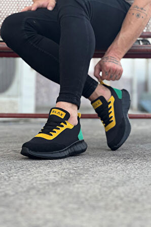 J063 Bağcıklı Ortopedik Taban Triko Erkek Sneaker Günlük Spor Ayakkabı ST Siyah/Sarı