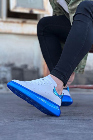 J095 Bağcıklı Ortopedik Taban Erkek Sneaker Günlük Ayakkabı MT Beyaz/Mavi