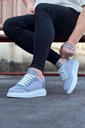 J019 Bağcıklı Ortopedik Taban Triko Erkek Sneaker Günlük Ayakkabı BT Gri