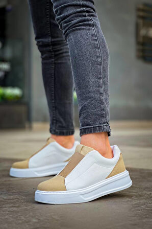 J007 Bağcıksız Lastikli Ortopedik Taban Tek Bant Erkek Spor Sneaker Ayakkabı BT Beyaz/Bej