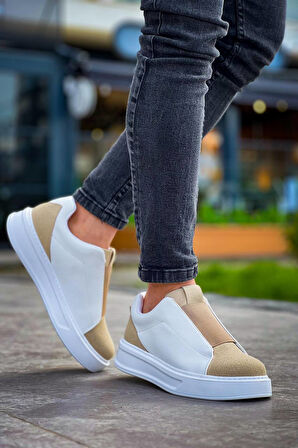 J007 Bağcıksız Lastikli Ortopedik Taban Tek Bant Erkek Spor Sneaker Ayakkabı BT Beyaz/Bej