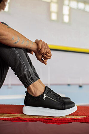 J555 Bağcıklı Fermuarlı Ortopedik Taban Erkek Günlük Sneaker Spor Ayakkabı BT Siyah