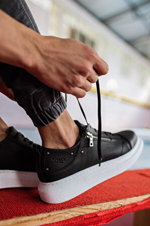 J555 Bağcıklı Fermuarlı Ortopedik Taban Erkek Günlük Sneaker Spor Ayakkabı BT Siyah