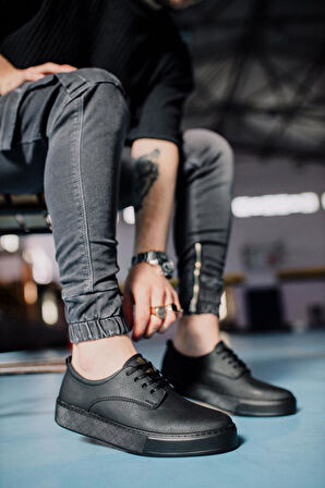 J077 Bağcıklı Ortopedik Taban Erkek Günlük Sneaker Spor Ayakkabı ST Siyah