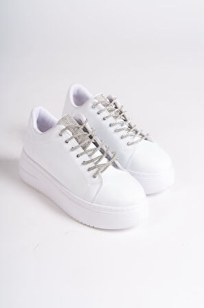 SERENA Bağcıklı Ortopedik Taban Taşlı Kadın Sneaker Ayakkabı BT Beyaz