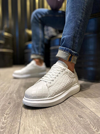 J044 Bağcıklı Ortopedik Taban Erkek Kapitone Desenli Günlük Sneaker Spor Ayakkabı BT Beyaz