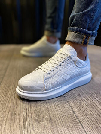 J044 Bağcıklı Ortopedik Taban Erkek Kapitone Desenli Günlük Sneaker Spor Ayakkabı BT Beyaz