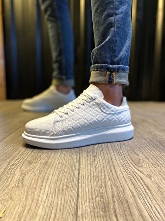 J044 Bağcıklı Ortopedik Taban Erkek Kapitone Desenli Günlük Sneaker Spor Ayakkabı BT Beyaz