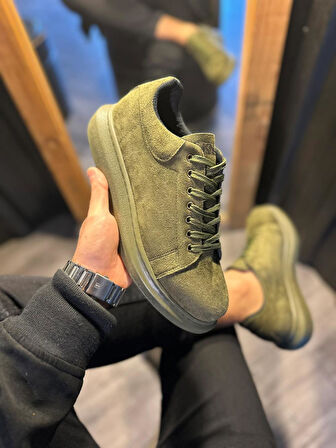 J044 Bağcıklı Ortopedik Taban Erkek Günlük Süet Sneaker Spor Ayakkabı HT Haki