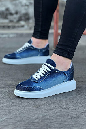 J018 Bağcıklı Ortopedik Taban Kot Kumaş Erkek Sneaker Günlük Ayakkabı BT Koyu Mavi