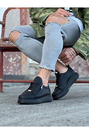 J504 Bağcıklı Fermuarlı Ortopedik Taban Erkek Sneaker Günlük Ayakkabı ST Siyah