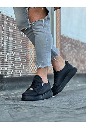 J504 Bağcıklı Fermuarlı Ortopedik Taban Erkek Sneaker Günlük Ayakkabı ST Siyah