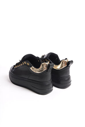 ISABELLA Bağcıklı Ortopedik Taban Renkli Taş Dekorlu Kadın Sneaker Ayakkabı ST Siyah/Altın