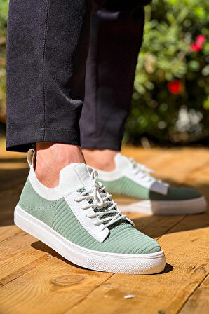 J110 Bağcıklı Ortopedik Taban Triko Erkek Spor Sneaker Ayakkabı BT Yeşil