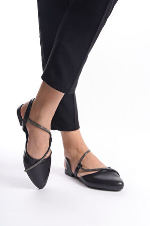 AUBREY Lastikli Ortopedik Rahat Taban Taş Detaylı Kadın Babet Ayakkabı ST Siyah