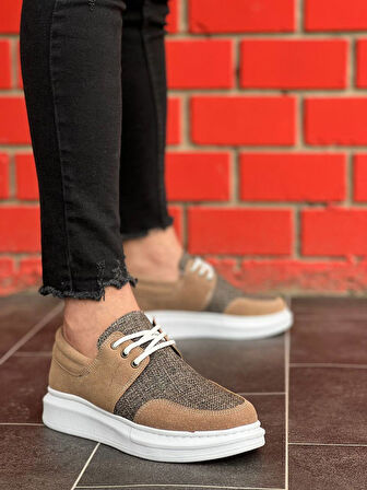 J042 Bağcıklı Ortopedik Taban Günlük Erkek Keten Süet Klasik Ayakkabı BT Taba