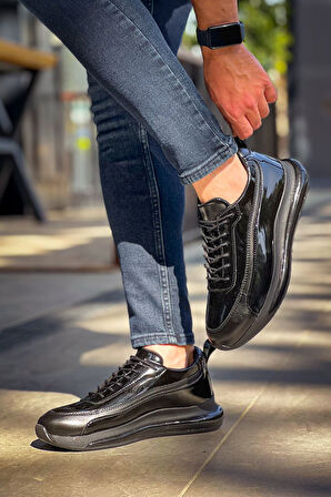 J2419 Ortopedik Taban Günlük Rugan Erkek Sneaker Spor Ayakkabı RST Siyah